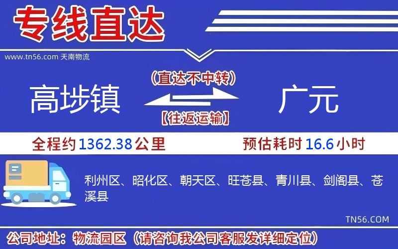 高埗镇到广元物流公司 高埗镇到广元物流公司